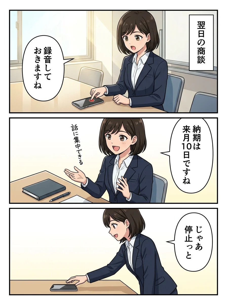 マンガ2ページ目。翌日の商談。机のスマホで録音ボタンを押して「録音しておきますね」。ノートは閉じたまま会話に集中して「納期は来月10日ですね」。商談が終わり「じゃあ停止っと」。