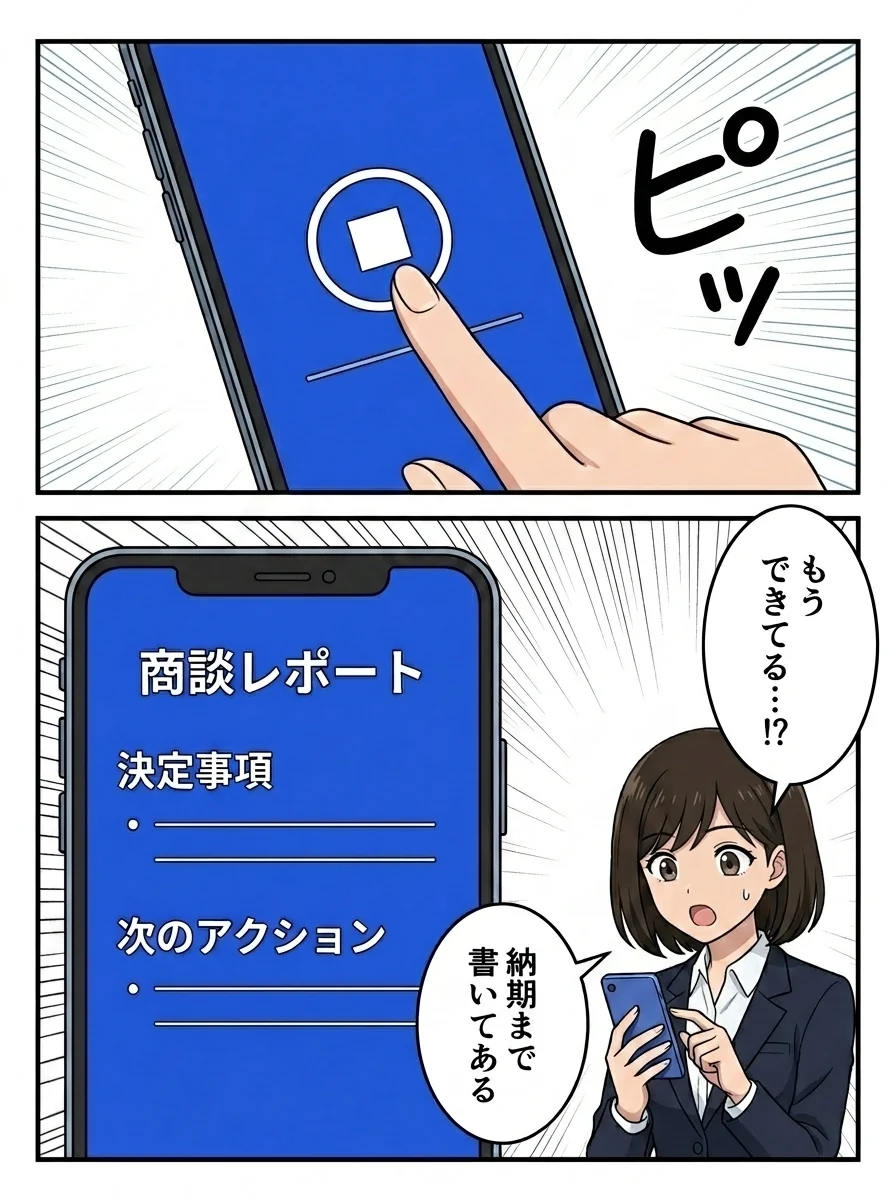 マンガ3ページ目。停止ボタンをピッと押した瞬間、見出しと箇条書きに整った商談レポートが画面に表示される。「もうできてる!?納期まで書いてある」と驚くあおいさん。